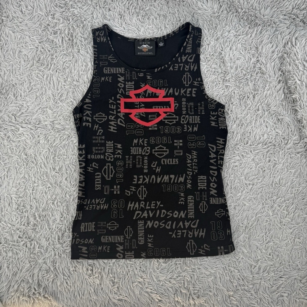 Harley Davidson Women Tank M All Over Print Red Bar Shield Biker Black
